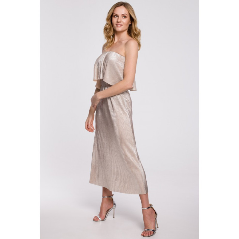 K059 Metaliczna sukienka midi z falbaną u góry - złota