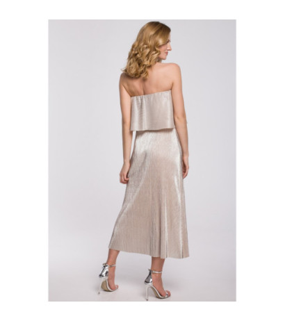 K059 Metaliczna sukienka midi z falbaną u góry - złota