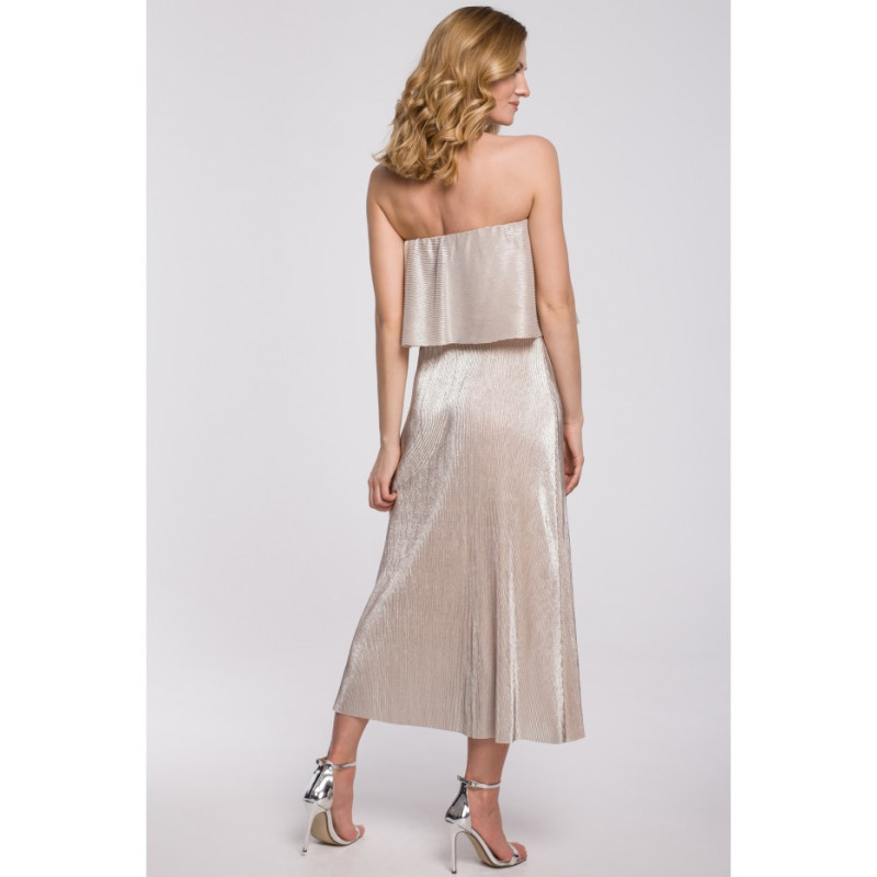 K059 Metaliczna sukienka midi z falbaną u góry - złota