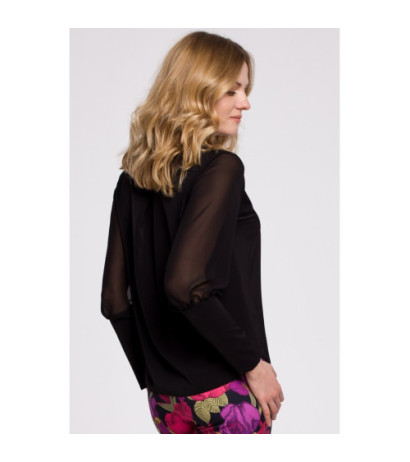 K066 Szyfonowa bluzka z dekoltem typu V - czarna