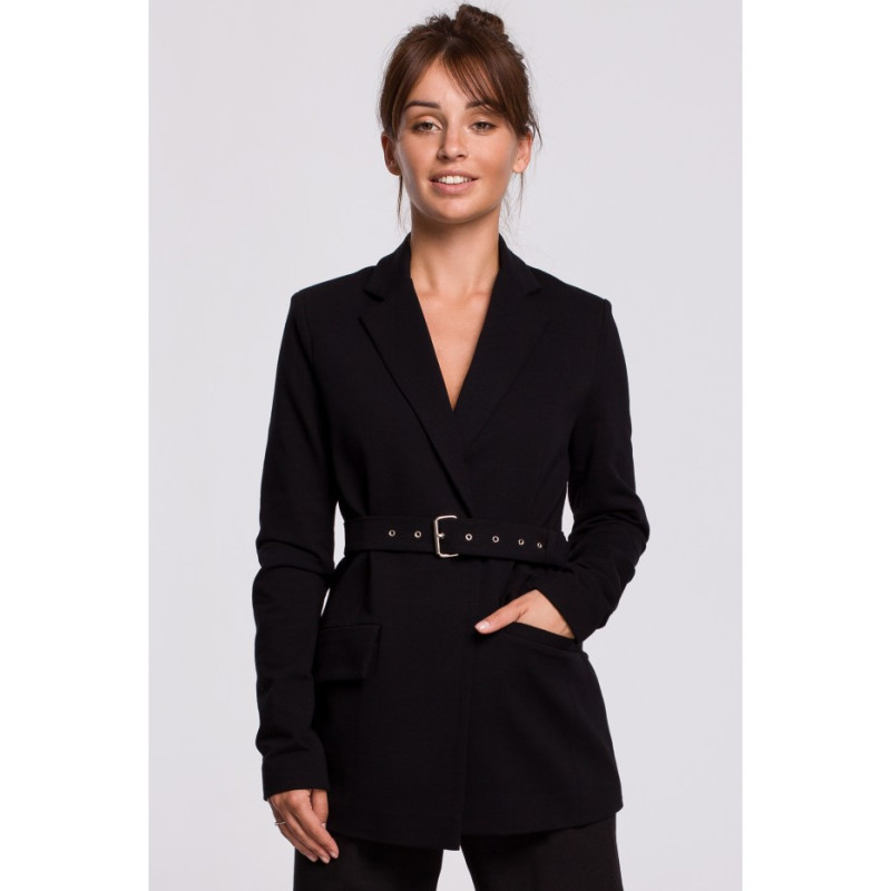 B159 Niezapinany żakiet z paskiem i klamrą - czarny