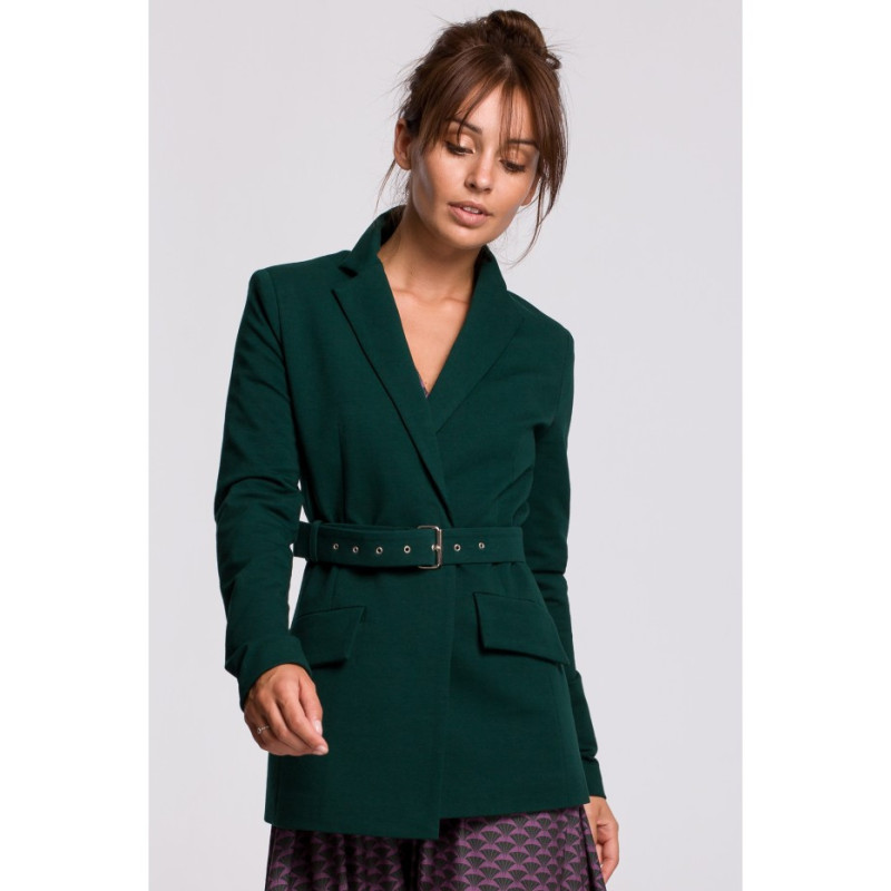B159 Niezapinany żakiet z paskiem i klamrą - ciemnozielony