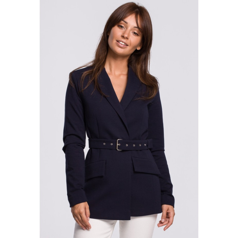 B159 Niezapinany żakiet z paskiem i klamrą - granatowy