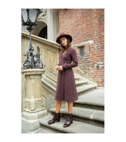 B161 Kopertowa sukienka z paskiem - brązowa