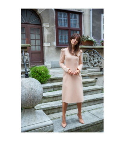 B162 Trapezowa sukienka z bufkami - beżowa