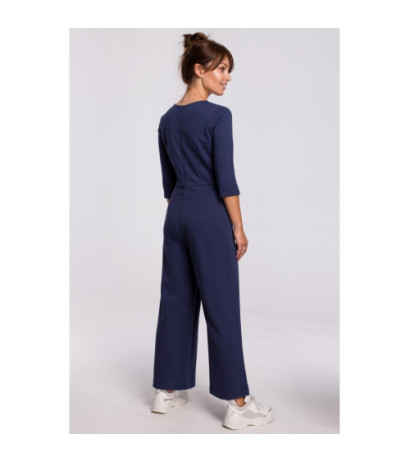 B174 Nowoczesny kombinezon z szerokimi nogawkami - niebieski