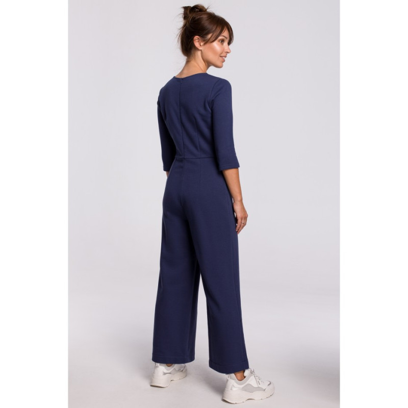 B174 Nowoczesny kombinezon z szerokimi nogawkami - niebieski