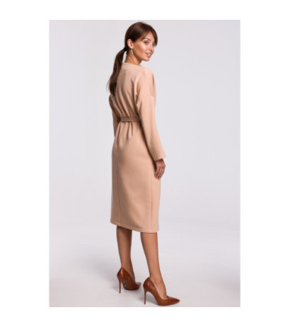 B178 Elegancka sukienka z paskiem w talii - beżowa
