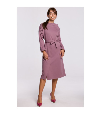 B178 Elegancka sukienka z paskiem w talii - wrzosowa