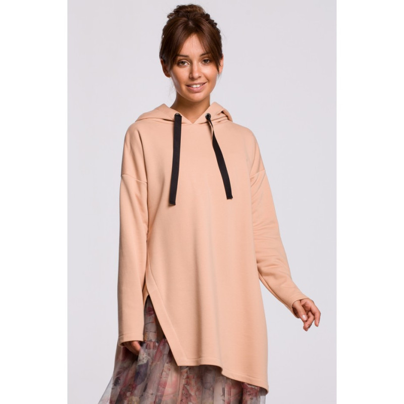 B179 Bluza z kapturem i asymetrycznym rozcięciem - beżowa