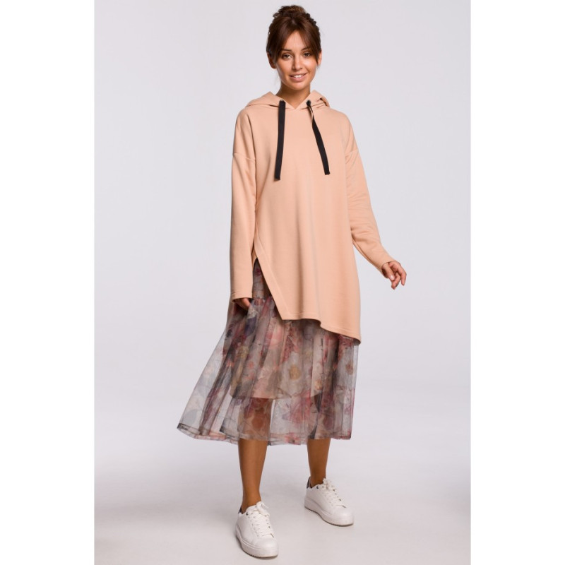 B179 Bluza z kapturem i asymetrycznym rozcięciem - beżowa