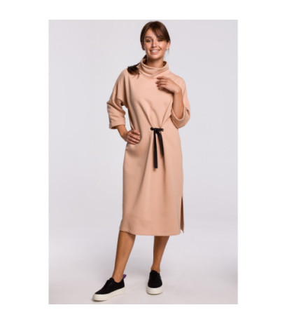 B181 Sukienka midi z ozdobnym wiązaniem z przodu - beżowa