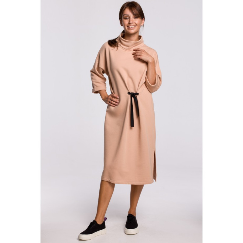 B181 Sukienka midi z ozdobnym wiązaniem z przodu - beżowa