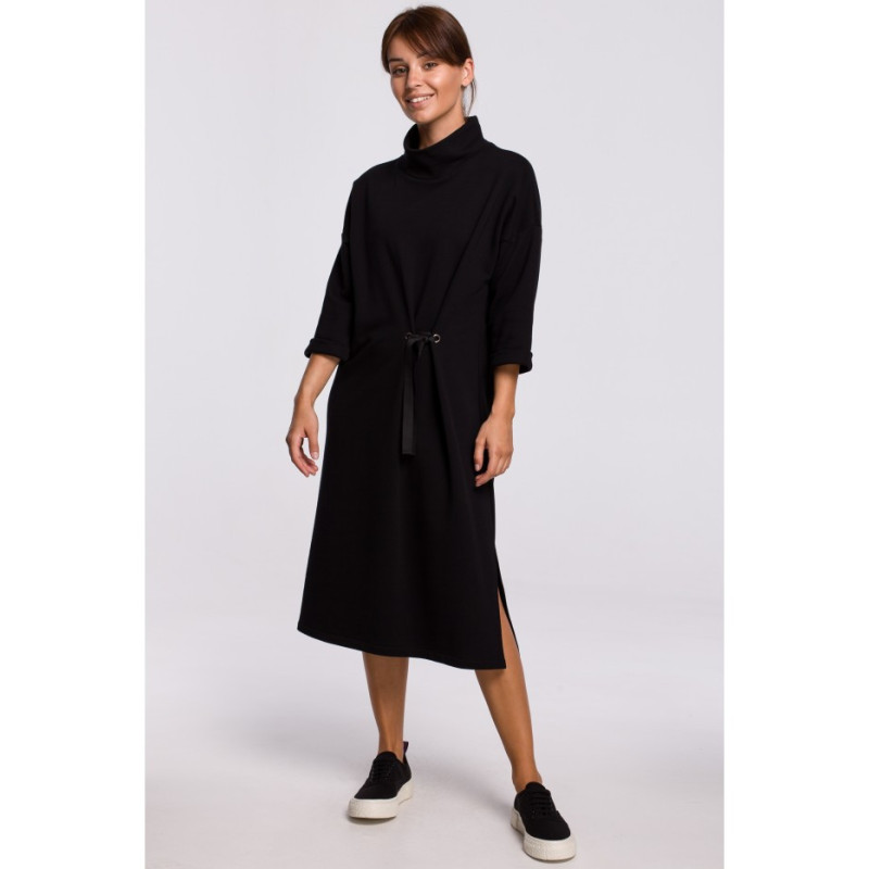 B181 Sukienka midi z ozdobnym wiązaniem z przodu - czarna