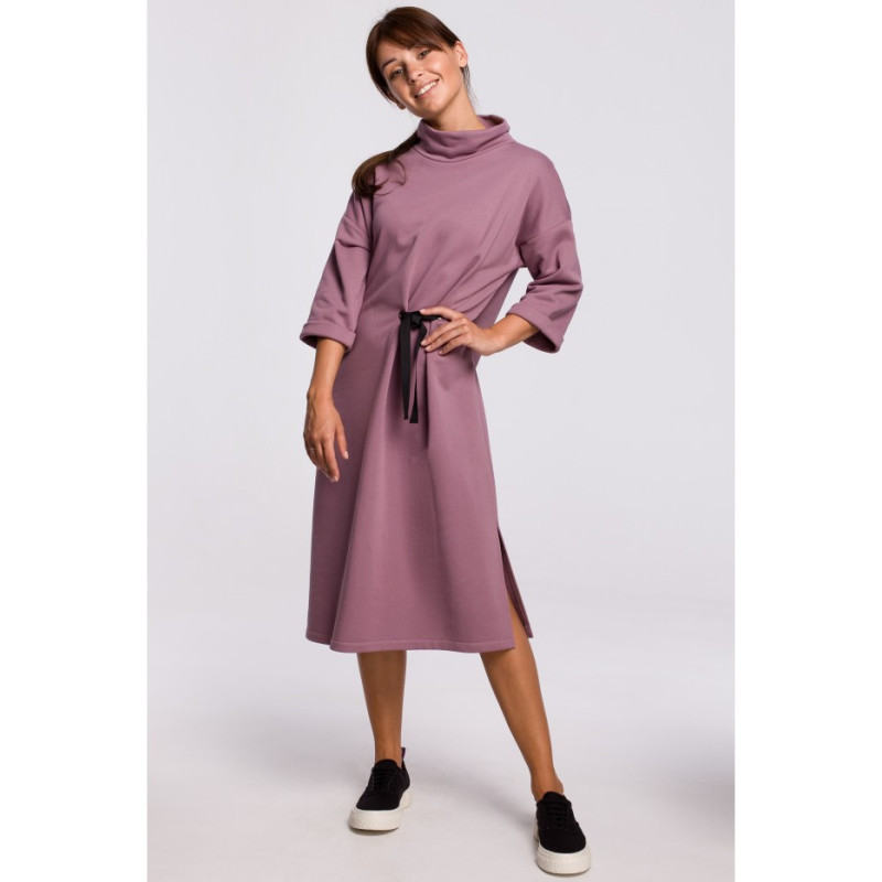 B181 Sukienka midi z ozdobnym wiązaniem z przodu - wrzosowa