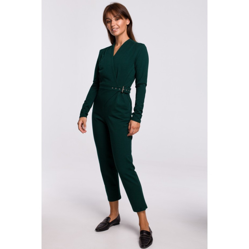 B182 Kopertowy kombinezon z paskiem i klamrą - ciemnozielony