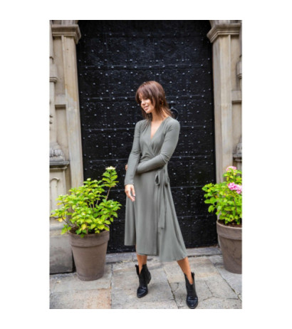 B184 Sukienka kopertowa midi z długim rękawem - khaki