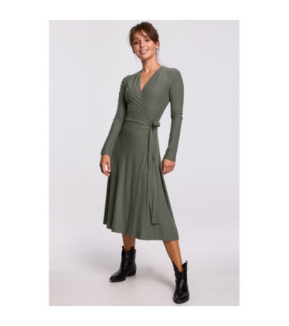 B184 Sukienka kopertowa midi z długim rękawem - khaki