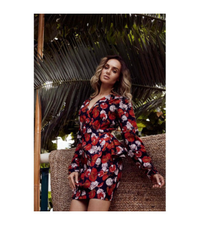 M532 Sukienka mini we wzór z falbaną na boku - model 1