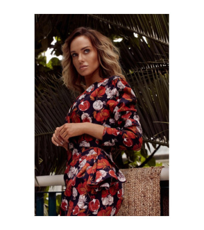 M532 Sukienka mini we wzór z falbaną na boku - model 1