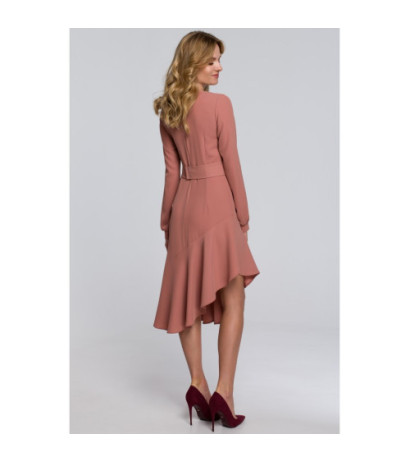 K077 Asymetryczna sukienka z falbanką - różana