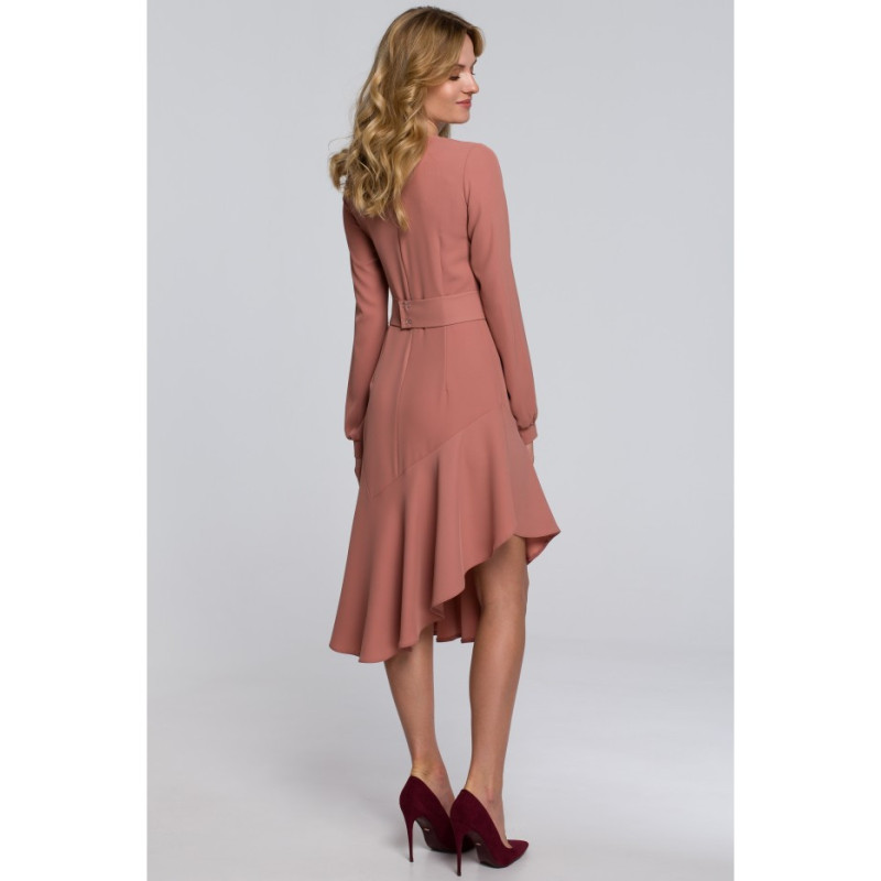 K077 Asymetryczna sukienka z falbanką - różana