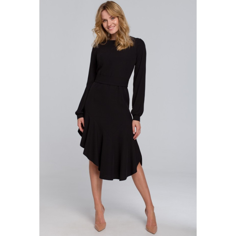 K077 Asymetryczna sukienka z falbanką - czarna