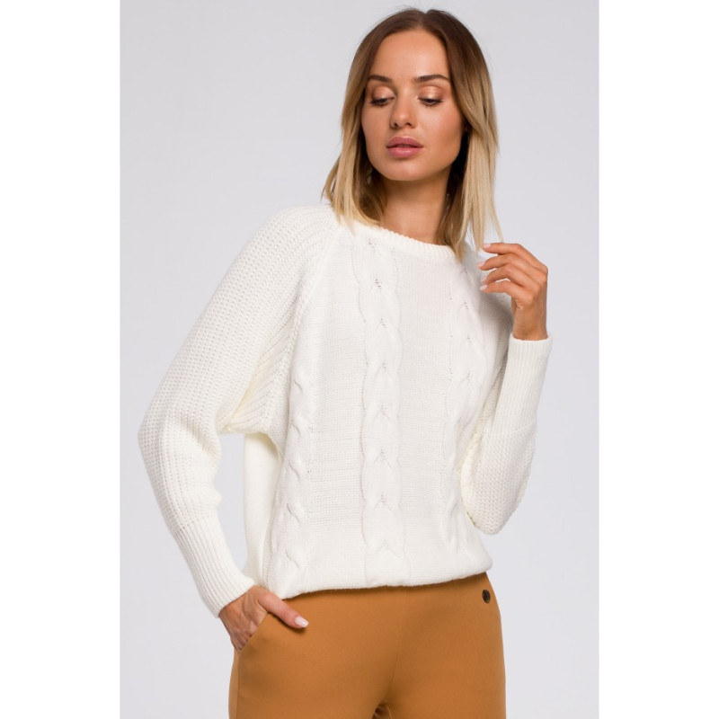 M554 Sweter z szerokimi rękawami i splotem warkoczowym - ecru