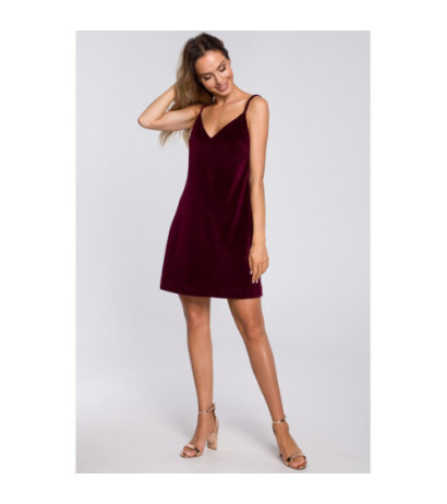 M560 Welurowa Sukienka Mini Na Ramiączkach - bordowa