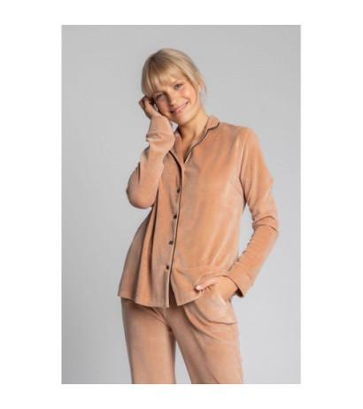 LA007 Welurowa koszula od Piżamy z kołnierzykiem - beżowa