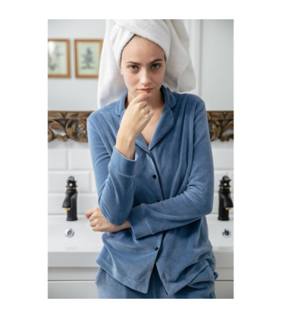 LA007 Welurowa koszula od piżamy z kołnierzykiem - niebieska