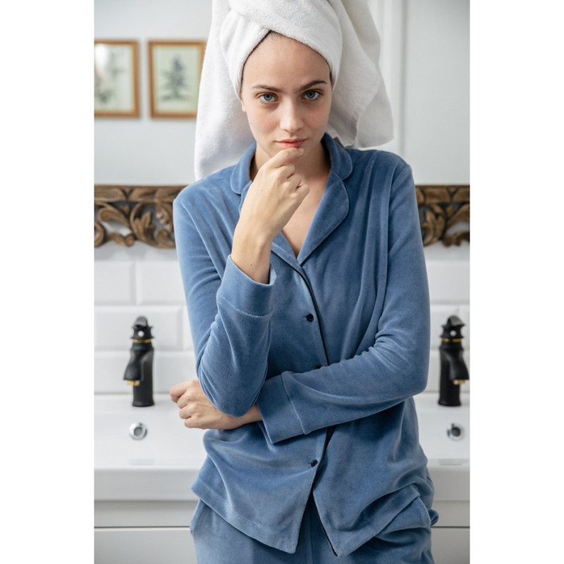 LA007 Welurowa koszula od piżamy z kołnierzykiem - niebieska