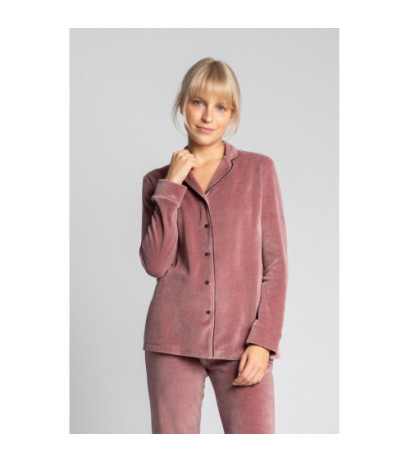 LA007 Welurowa koszula od piżamy z kołnierzykiem - brudny róż