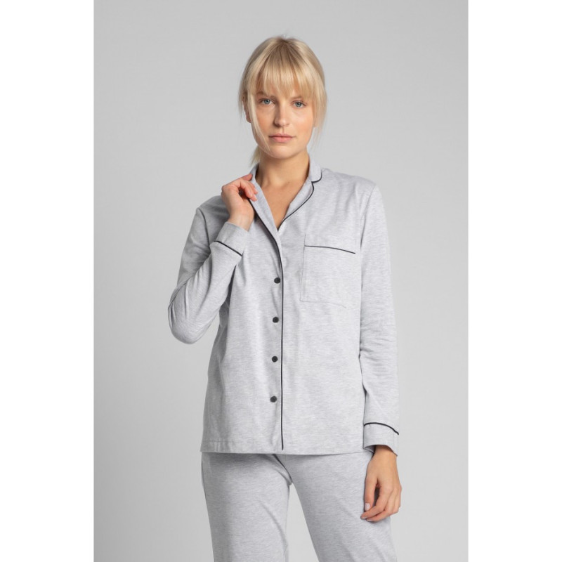 LA019 Bawełniana koszula od piżamy z kołnierzykiem - popielata