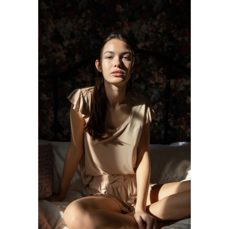 LA023 Top do spania bez rękawów z falbankami - cappuccino