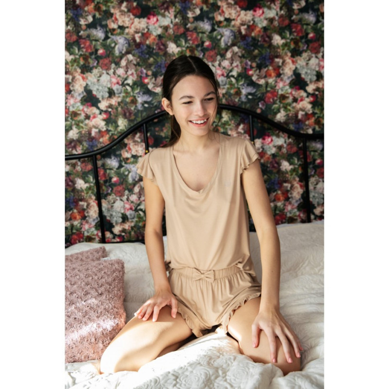 LA024 Wiskozowe szorty do spania z falbankami - cappuccino