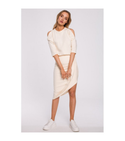 M589 Sukienka Z Wycięciami Na Ramionach - śmietankowa