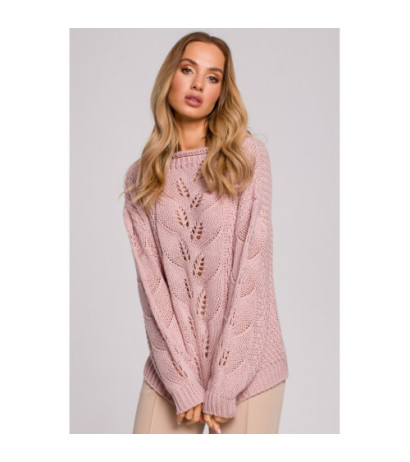 M600 Sweter Z Ażurowym Wzorem - pudrowy