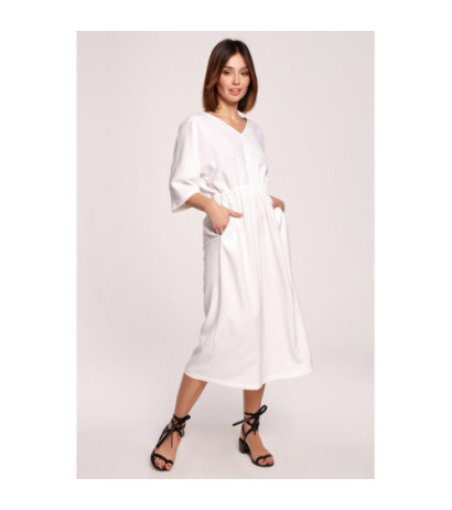 B192 Sukienka Midi Z Gumą W Pasie - biała