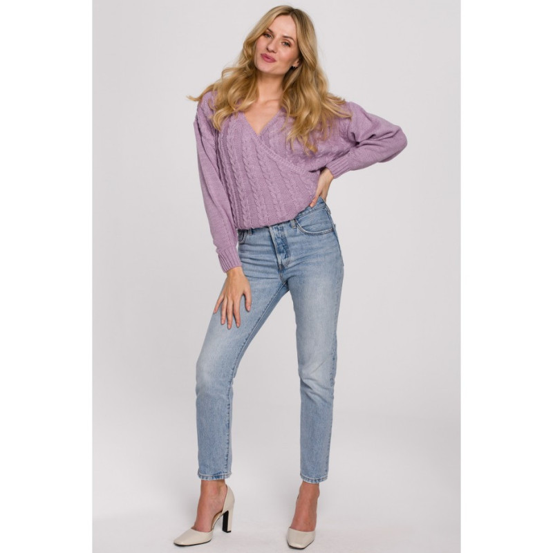 K105 Sweter krótki na zakładkę - liliowy