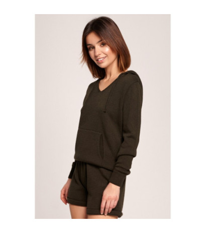 BK064 Sweter z kapturem i kieszenią kangurek - khaki