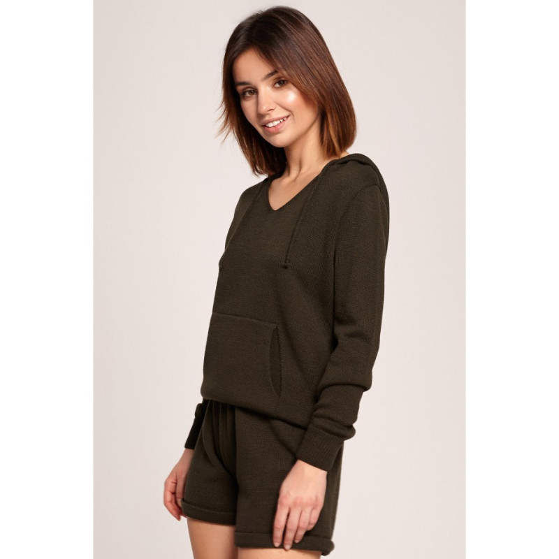 BK064 Sweter z kapturem i kieszenią kangurek - khaki