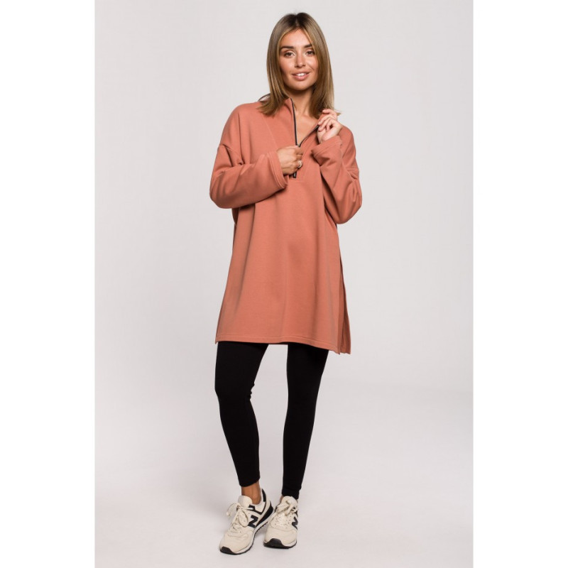 B201 Bluza tunika z zamkiem i rozporkami - ceglasta