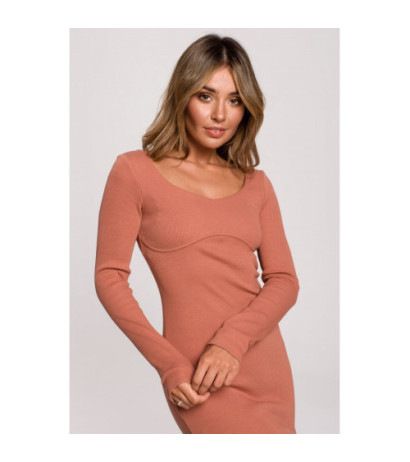 B207 Sukienka midi z dzianiny prążkowanej - ceglasta