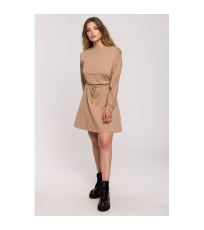 B208 Rozkloszowana sukienka z wiązaniem - orzechowa