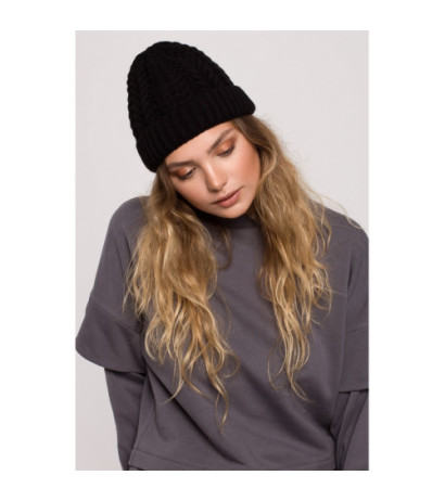 BK080 Czapka splot warkocz z wywinięciem - czarna