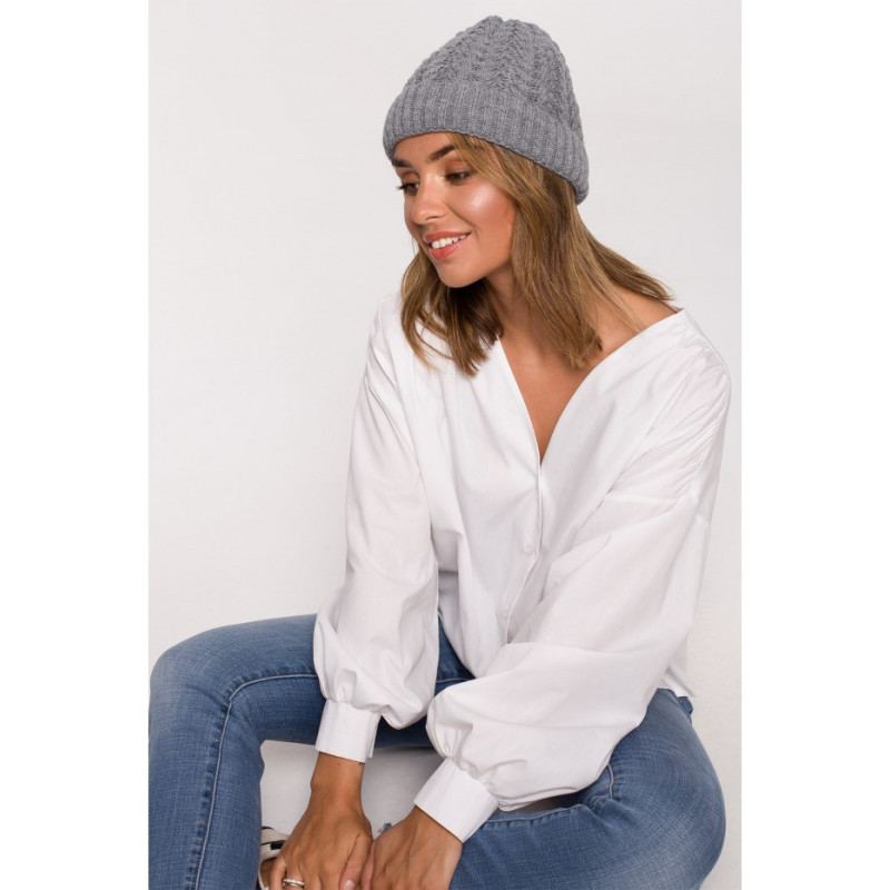 BK080 Czapka splot warkocz z wywinięciem - szary