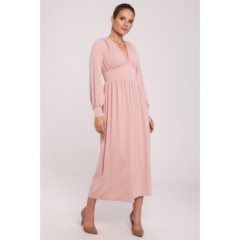 K118 Sukienka maxi z dekoltem V - pudrowa