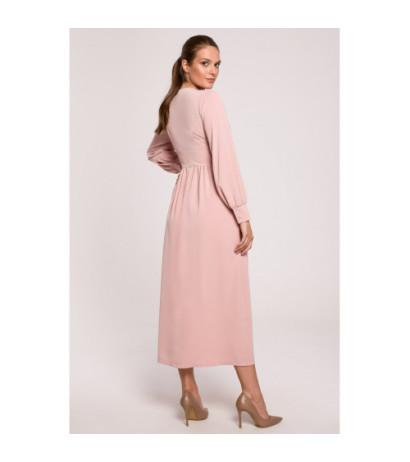 K118 Sukienka maxi z dekoltem V - pudrowa