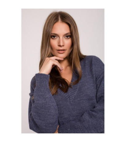 K122 Sukienka swetrowa z dekoltem V - niebieska